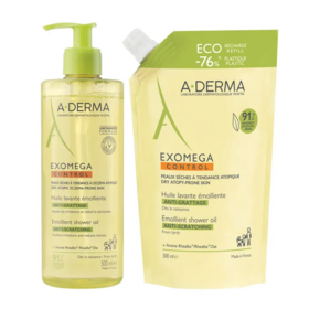 A-derma Eexomega Control Huile Lavante Emolliente Anti-Grattage 500 mL + Eco Recharge 500 mL