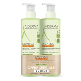 A-Derma Exomega Control Gel lavant émollient 2 en 1 anti-démangeaisons 2 x 500 mL