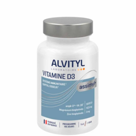 Alvityl Assimyl+ vitamine D3 système immunitaire capital osseux 60 gélules – complexe haute efficacité à la vitamine D3 pré-activée ampli-D®, bisglycinate de magnésium et zinc
