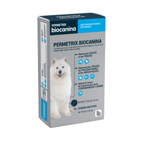 Biocanina Permetrix chiens moyens 10 à 25 Kg 3 Pipettes de 2,5 ml