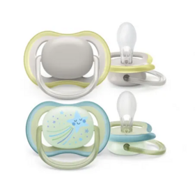 Philips Avent Ultra Air Day & Night sucettes anatomiques 0-6 mois décor mixte — lot de 2 — sucettes orthodontiques silicone aérées phosphorescentes jour et nuit