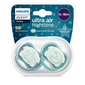 Philips Avent Sucette ultra air nuit orthodontique 6-18 mois — lot de 2 sucettes phosphorescentes silicone