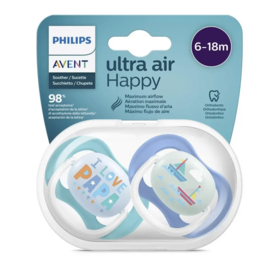 Philips Avent Sucettes Ultra Air I Love Papa 6-18 mois — lot de 2 — sucettes orthodontiques aérées avec boîtier de stérilisation