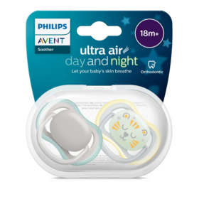 Philips Avent Ultra Air Day & Night sucettes orthodontiques 18+ mois décor gris perle bleu ciel jaune vanille — lot de 2 — sucettes silicone aérées phosphorescentes