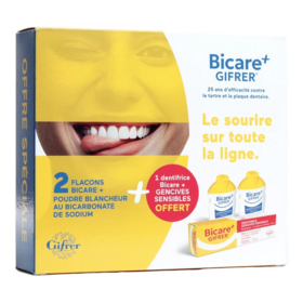 Gifrer Bicare Plus Poudre Blancheur – Lot de 2 + 1 Dentifrice Gencives Sensibles Offert blancheur & soin complet