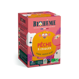 Biohême Infusion pêche à croquer 20 infusettes – préparation fruitée bio à la pomme, hibiscus blanc et arômes naturels de pêche et abricot