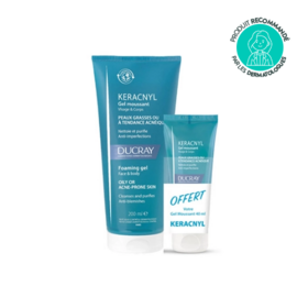 Ducray Keracnyl gel moussant peaux grasses à imperfections 200 ml + 40 ml offert nettoyant purifiant