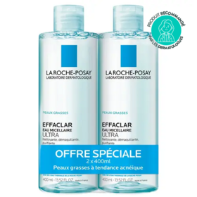 La Roche Posay Effaclar Eau Micellaire ultra Peaux Grasses Lot de 2 x 400 ml