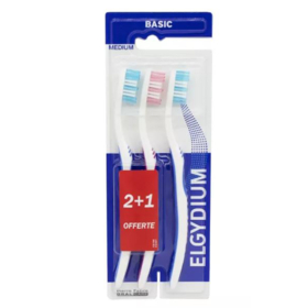 ELGYDIUM - Brosse à Dent Basic Médium - Lot de 3 brosses à dents : 2 +1 offerte