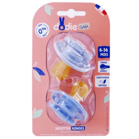 GAÏA - Sucettes Rondes Caoutchouc Naturel C6 Bleu 6-36mois - Lot de 2 Sucettes