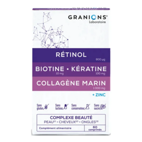 Granions Rétinol, Biotine, Kératine, Collagène marin, Complexe beauté peau, cheveux et ongles 60 Comprimés