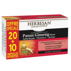 Herbesan Ginseng gelée royale Vitamine C Acérola 20 ampoules + 10 ampoules