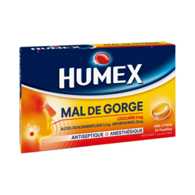 Humex Lidocaïne Miel Citron 24 pastilles – Mal de gorge, douleur à la déglutition, médicament sans ordonnance