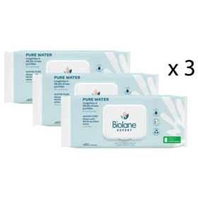 Biolane Expert Lingettes Pure Water  Lot de 3 x 60 Lingettes