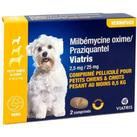 Viatris Milbémycine / Praziquantel Chiot & Petit Chien +0,5 kg – Vermifuge – Boîte de 2 comprimés