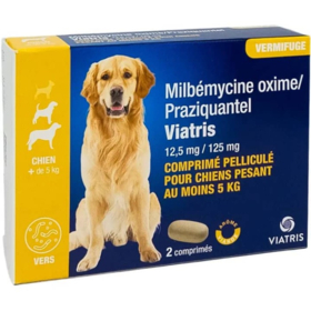 Milbémycine Praziquantel Viatris 12,5 mg/125 mg Chien – Vermifuge chien +5 kg 12,5 mg/125 mg – Boîte de 2 comprimés