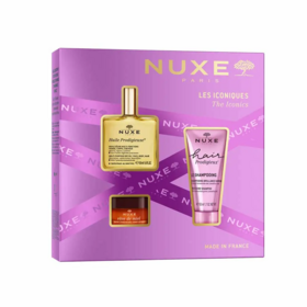 Nuxe Coffret Les Iconiques – Huile Prodigieuse 50 ml, Shampooing Brillance Miroir 50 ml et Baume Lèvres Rêve de Miel 15 g