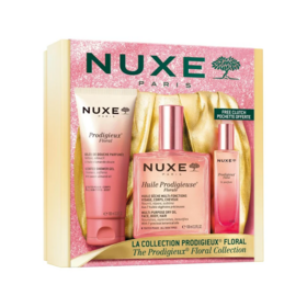 Nuxe Prodigieux Floral Coffret La Collection – Huile Prodigieuse Florale 100 ml, Le Parfum 15 ml, Gelée de Douche 100 ml et pochette dorée