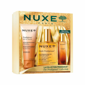 Nuxe Prodigieux Coffret La Collection – Huile Prodigieuse 100 ml, Le Parfum 15 ml, Huile de Douche 100 ml et pochette dorée