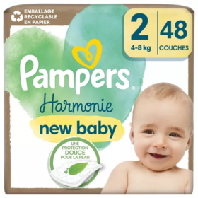 Pampers Harmonie couches bébé taille 2 4-8 kg coton et fibres végétales — pack de 48 couches 12 heures