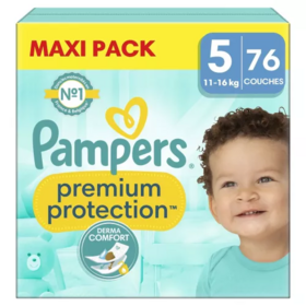 Pampers Premium Protection couches taille 5 11-16 kg double protection peaux sensibles — pack de 76 couches