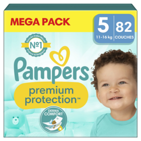 Pampers Premium Protection couches taille 5 11-16 kg voile micro-aéré indicateur urine 12h — méga pack 82 couches