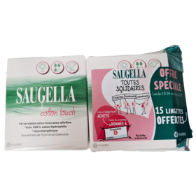 Saugella Serviette Hygiénique Cotton Touch - Lot de 2 x 14 Serviettes + 15 Lingettes Offertes