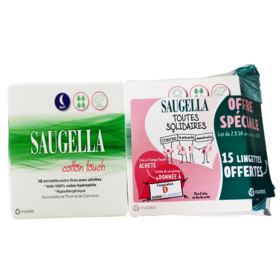 SAUGELLA Serviette Hygiénique Nuit Cotton Touch - Lot de 2 x 12 Serviettes + 15 Lingettes Offertes