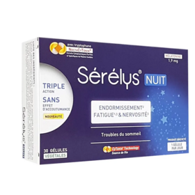 Serelys Nuit Endormissement, fatigue et nervosité au Magnésium, Mélatonine, Vitamine E, Tryptophane 30 gélules
