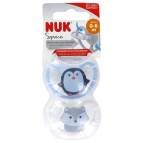 Sucettes Silicone Space 0-6 Mois Motifs PINGOUIN/RENARD - Lot de 2 sucettes