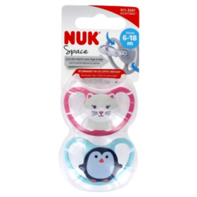 Sucettes Silicone Space 6-18 Mois Motifs CHAT PINGOUIN - Lot de 2 sucettes