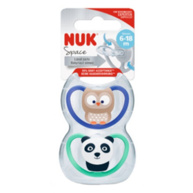 Sucettes Silicone Space 6-18 Mois Motifs HIBOU/PANDA - Lot de 2 sucettes
