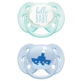 Sucettes Ultra Soft Bleue 0-6 Mois Motifs Hello Baby et Bateau - Lot de 2