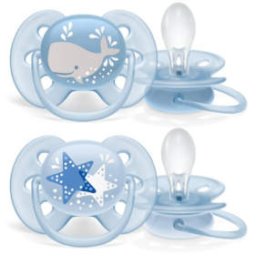 Sucettes Ultra Soft Bleues 6-18 Mois Motifs Baleine et Etoiles Motifs Aléatoires - Lot de 2 sucettes