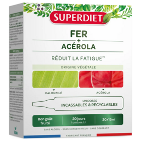 Superdiet Fer + Acérola Réduit la Fatigue 20 x 15 ml Unidoses, Kaloupilé et Acérola Vegan