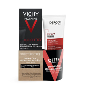 Vichy Homme Coffret Crème Hydratante Anti-Fatigue Visage et Yeux et Shampooing anti-chute OFFERT