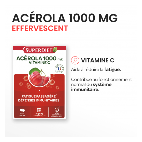 Superdiet Acérola 1000 + Vitamine C 30 comprimés effervescents – Fatigue et immunité