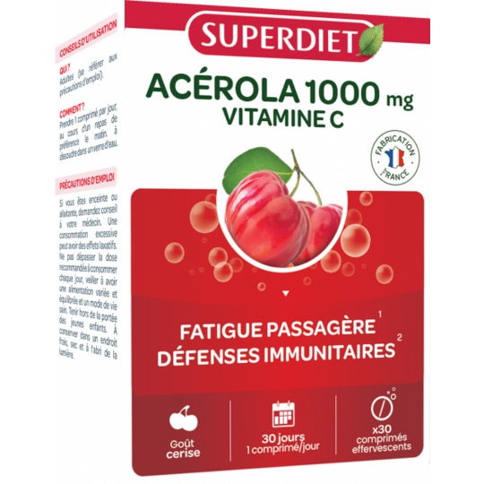 Superdiet Acérola 1000 + Vitamine C 30 comprimés effervescents – Fatigue et immunité