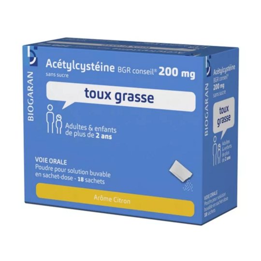 Biogaran Acétylcystéine Toux Grasse 200 mg 18 sachets goût citron – Solution buvable mucolytique
