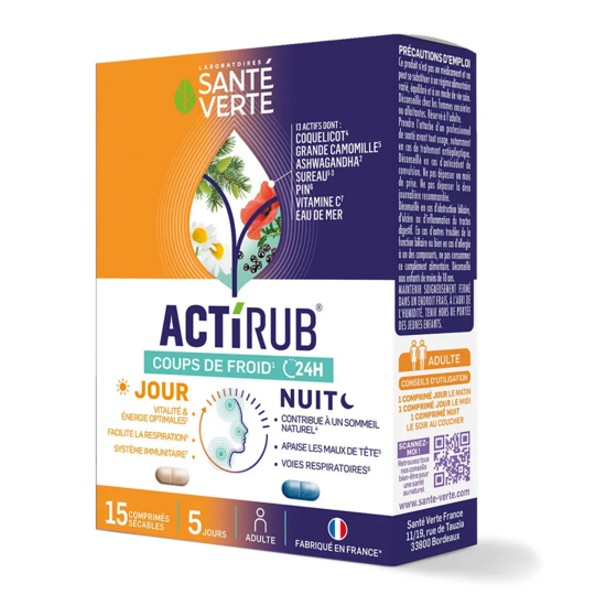 Santé Verte ActiRub Coups de Froid Jour et Nuit 15 comprimés sécables complément jour/nuit coup de froid