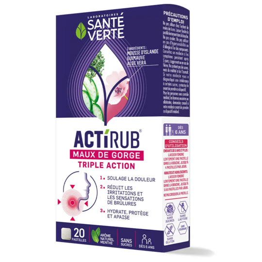 Santé Verte ActiRub Maux de Gorge Triple Action 20 pastilles pastilles apaisantes gorge