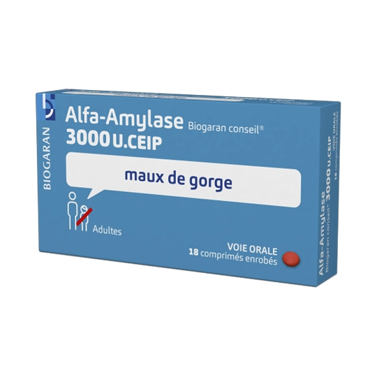 Biogaran Alfa-Amylase Médicament Maux de gorge 3000 U 18 comprimés à avaler