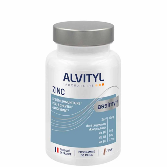 Alvityl Assimyl+ Zinc immunité peau cheveux ongles 60 gélules – complément hautement assimilable aux bisglycinate et picolinate de zinc, vitamines B3, B5 et B6