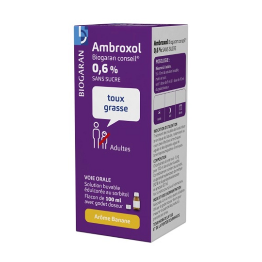 Biogaran Ambroxol 0,6 % Solution Buvable Toux Grasse 100 ml – Médicament expectorant