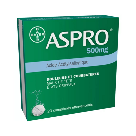 Aspro 500 mg Effervescent 20 comprimés – Médicament aspirine contre douleur et fièvre