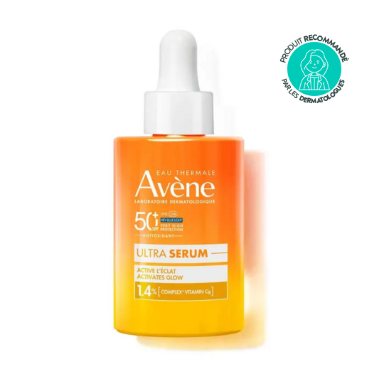 Avène Ultra Sérum SPF50+ radiance 30 ml — sérum solaire éclat protection UVA/UVB lumière bleue peaux sensibles