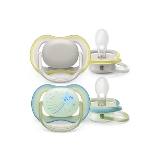 Philips Avent Ultra Air Day & Night sucettes anatomiques 0-6 mois décor mixte — lot de 2 — sucettes orthodontiques silicone aérées phosphorescentes jour et nuit