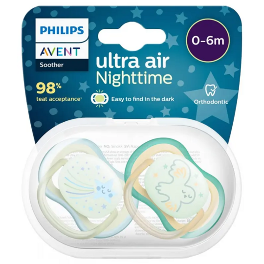 Philips Avent Sucette ultra air night orthodontique 0-6 mois — lot de 2 sucettes phosphorescentes silicone
