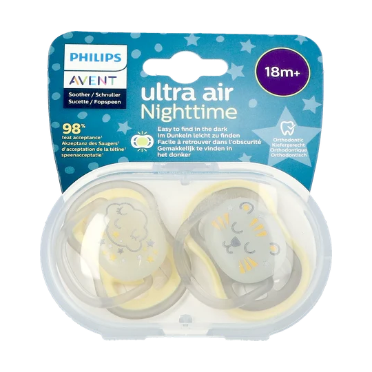 Philips Avent Sucette Ultra Air nuit orthodontique 18 mois et plus — lot de 2 sucettes phosphorescentes silicone
