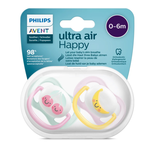 Philips Avent Sucettes Ultra Air collection Mixte 0-6 mois — lot de 2 — sucettes orthodontiques aérées peau sensible nouveau-nés